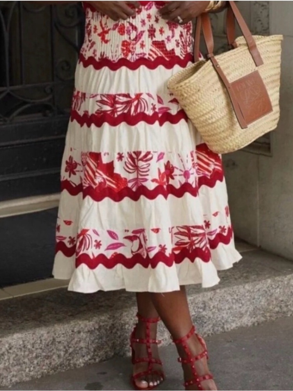 NEW!! Caroline Constas Stunning Red Cream Ruffle Linen Skirt Floral Bird Print‎